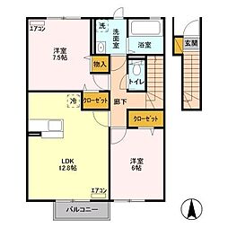 セジュールプレリー 2階2LDKの間取り