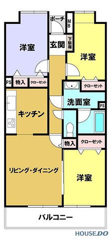 3LDK。リビングダイニングとキッチンに洋室3部屋を配置。各室にクローゼットや物入があり洗面室も独立。ワイドバルコニー付きの間取りです。