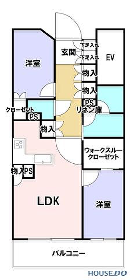 2LDKの間取図です。LDKと洋室2室がバルコニー側と玄関側に分かれて配置されています。ウォークスルークローゼットと物入が複数あり収納に困りません。玄関を出てすぐエレベーターです。