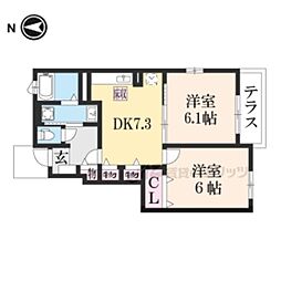 ブルースカイツＢ棟 1階2DKの間取り