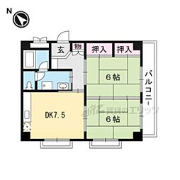 グランディール大津 5階2DKの間取り