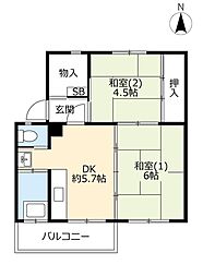 URあけぼの 2階2DKの間取り
