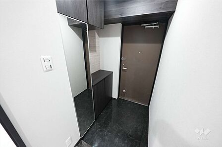 玄関。全身鏡がございますので、お出掛け前の最終身だしなみチェックもばっちりですね。シューズボックスもあり、きれいな玄関を保てます。