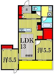 JR常磐線 柏駅 徒歩9分の賃貸マンション 2階2LDKの間取り