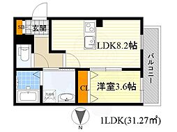 プライムコート豊津 1LDKの間取図画像