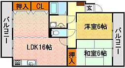 ハイコーポYASUDAV 2階2LDKの間取り