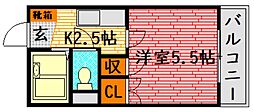 ムーリス山根 2階1Kの間取り