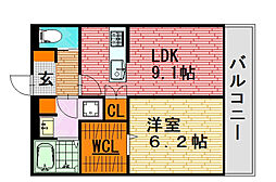 クーアヴァン 2階1LDKの間取り