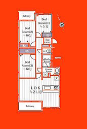 勝田台パーク・ホームズ弐番館 3LDKの間取図画像