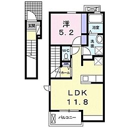 プラシード　カーサI 2階1LDKの間取り