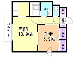 スカイハイツ2学園前 1LDKの間取図画像