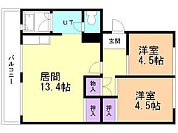 札幌西月寒団地4 2LDKの間取図画像