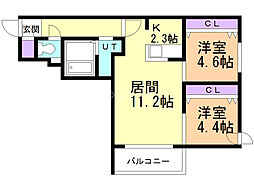 プライムコート平岸 2LDKの間取図画像