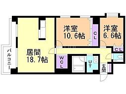 クリオ中の島壱番館 2LDKの間取図画像