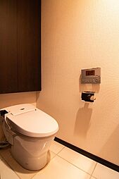 高性能タンクレストイレを採用。トイレ背面には大きな両開きの収納が設けられており、木目調のデザインは空間に馴染みながら落ち着いた雰囲気を演出します。室内（2025年6月）撮影