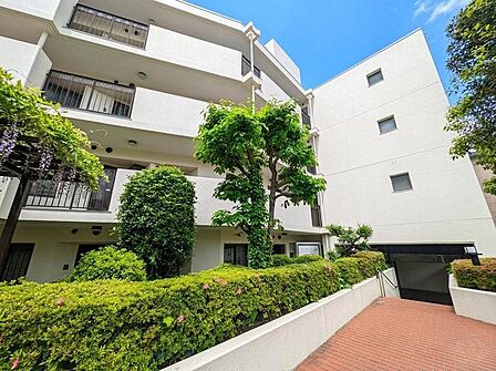 きれいに手入れされた生垣が続く美しいアプローチ。住まい手を心地よく迎えます。