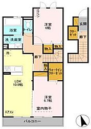 東武東上線 鶴瀬駅 徒歩14分の賃貸アパート 2階2LDKの間取り