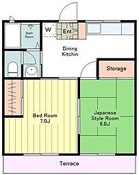 キャトルセゾン 1階2DKの間取り
