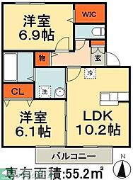 PARK HILLS MIYAKO C 2階2LDKの間取り
