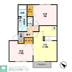 グレイス浜野D棟 2LDKの間取図画像