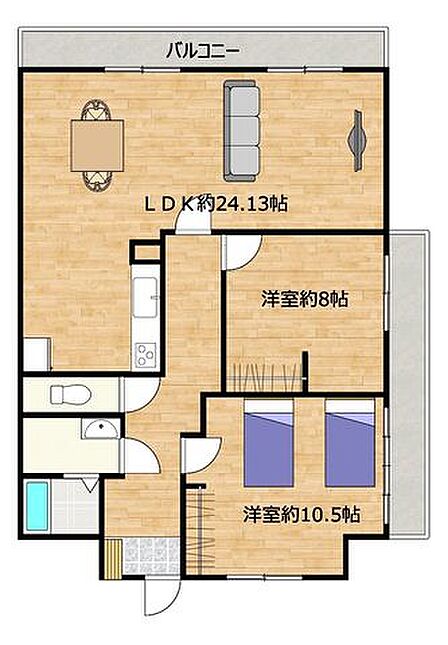 【間取り図】2LDKで広々とした約24帖のリビングが特徴的な明るいお家に仕上げていきます。一部間取り変更して生活しやすく仕上げていきます。