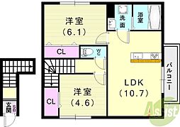 クローバー富士3号館 2LDKの間取図画像