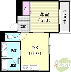 リライアンス明石六番館 1DKの間取図画像