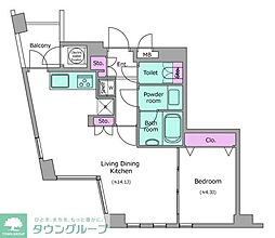 レジディアタワー乃木坂 5階1LDKの間取り
