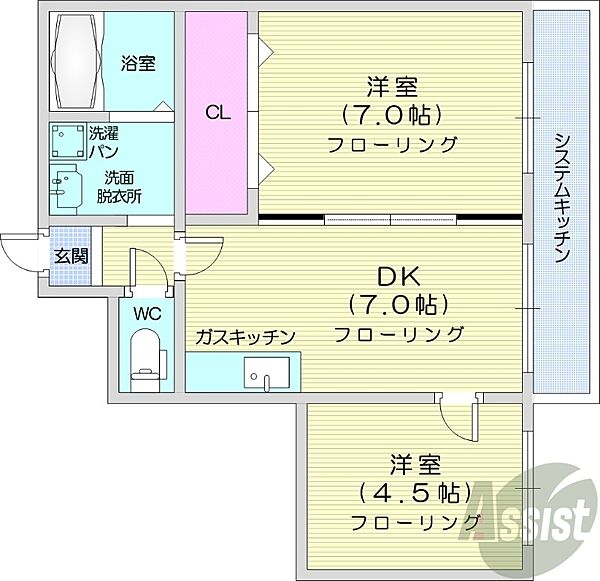 北海道札幌市中央区南一条西19丁目(賃貸マンション2DK・4階・42.00㎡)の写真 その2