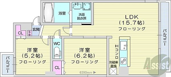 北海道札幌市中央区南一条西21丁目(賃貸マンション2LDK・6階・56.49㎡)の写真 その2