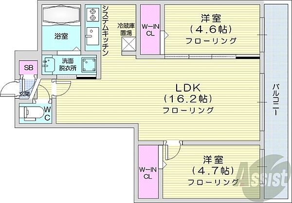 北海道札幌市豊平区平岸四条3丁目(賃貸マンション2LDK・3階・56.19㎡)の写真 その2