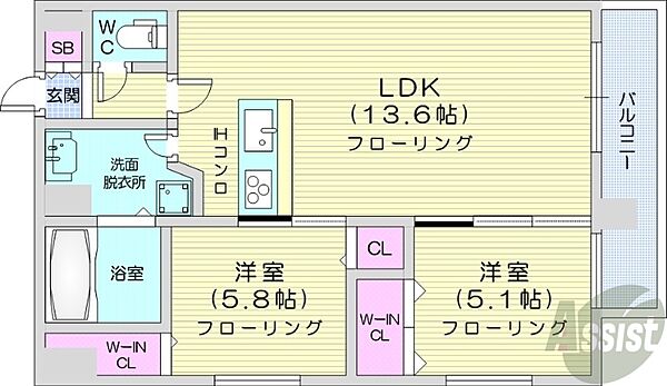 北海道札幌市中央区南六条西18丁目(賃貸マンション2LDK・6階・56.17㎡)の写真 その2