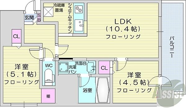北海道札幌市中央区南九条西12丁目(賃貸マンション2LDK・12階・45.56㎡)の写真 その2