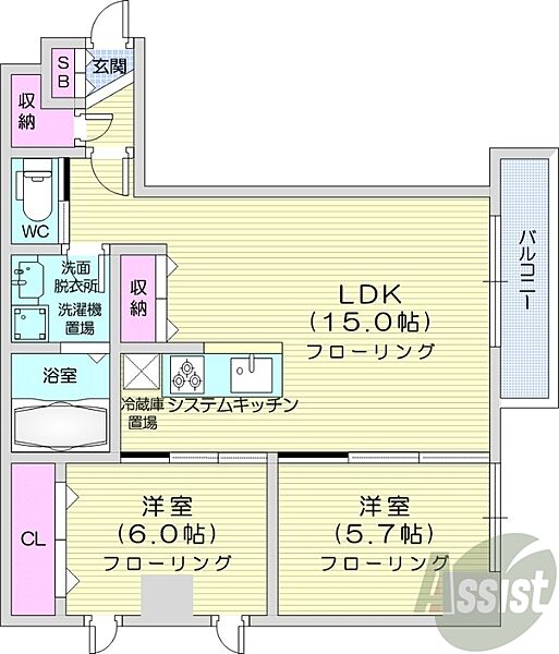 北海道札幌市豊平区中の島一条4丁目(賃貸マンション2LDK・4階・63.10㎡)の写真 その2