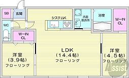 札幌市営東西線 南郷18丁目駅 徒歩8分の賃貸マンション 4階2LDKの間取り