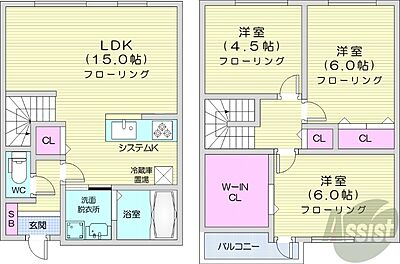 間取り：3LDK、都市ガス、エアコン」、システムキッチン