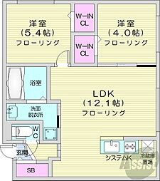 札幌市営東西線 琴似駅 徒歩10分の賃貸マンション 2階2LDKの間取り