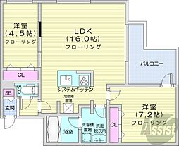札幌市営南北線 中島公園駅 徒歩20分の賃貸マンション 1階2LDKの間取り