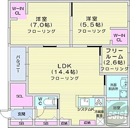 札幌市営東西線 宮の沢駅 徒歩6分の賃貸マンション 2階2LDKの間取り