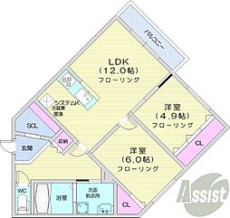 札幌市営東西線 西28丁目駅 徒歩4分の賃貸アパート 2階2LDKの間取り