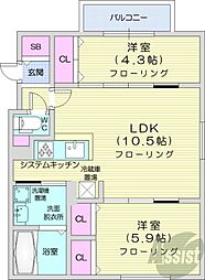 札幌市営東西線 西18丁目駅 徒歩7分の賃貸マンション 3階2LDKの間取り