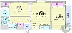 札幌市営東西線 西18丁目駅 徒歩5分の賃貸マンション 9階2LDKの間取り