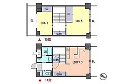福岡市地下鉄七隈線 渡辺通駅 徒歩10分の賃貸マンション 14階2LDKの間取り