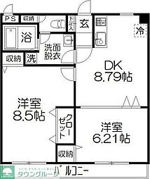 ユーロイヤルA棟 2DKの間取図画像