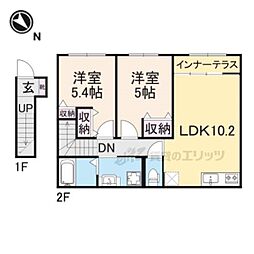 近江鉄道近江本線 高宮駅 徒歩2分の賃貸アパート 2階2LDKの間取り