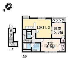 JR東海道・山陽本線 守山駅 バス15分 新八代下車 徒歩6分の賃貸アパート 2階2LDKの間取り