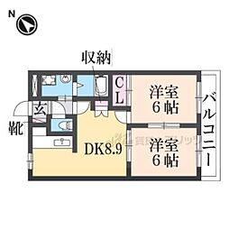 ヴィヴェール 202 2階2DKの間取り
