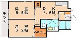 ソレアード本城A 2DKの間取図画像