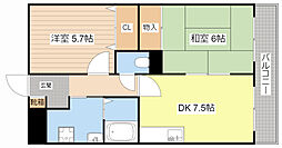 御園ハイツI 4階2DKの間取り