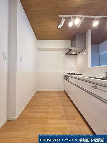 木目調の天井とスタイリッシュな照明が温もりとセンスを感じさせるキッチン空間です!すっきりとしたデザインのシステムキッチンで、毎日の調理が快適に楽しめます。十分なスペースがあり動線もスムーズです!